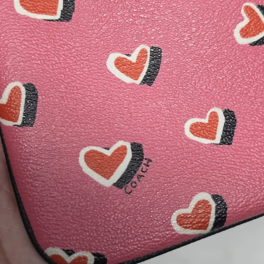 Coach Hearts Print Small Pink Pouch Wallet Wristlet F52560 Missing Strap